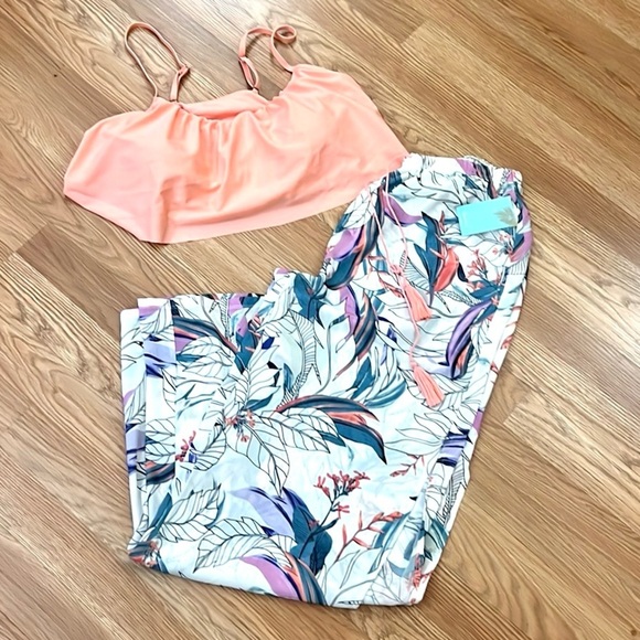 NWT,2-PC Apana,Botanical Garden Coral Resort & Beach Palazzo Pants & Swim Top - Picture 4 of 13